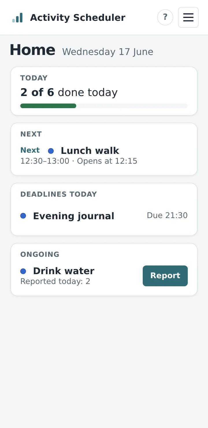 The Client’s Home: today’s summary, the next block, and Deadlines