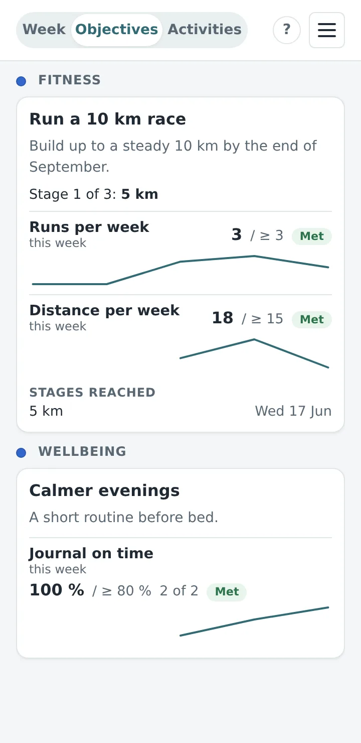 An objective in Progress with its measures and targets