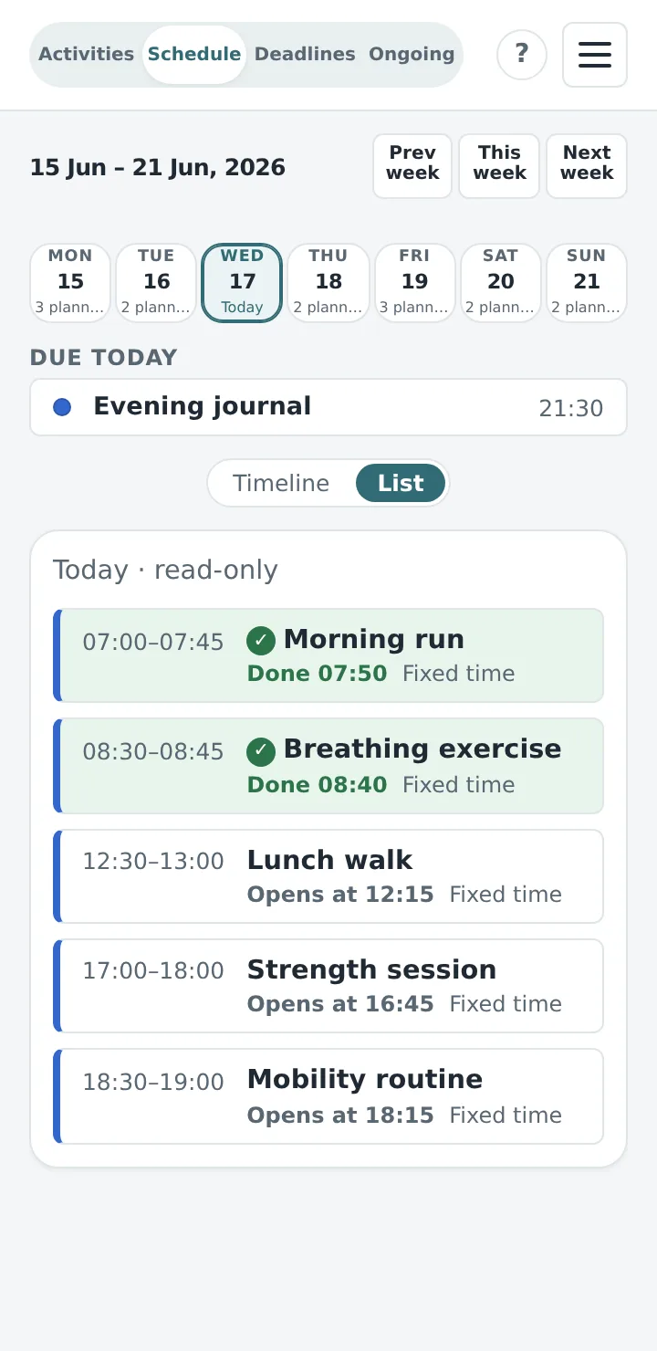 The Coach’s Scheduler on a phone: today’s Schedule with planned Activities